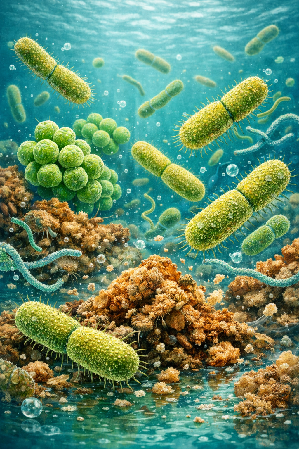 Portrait format (1024x1536) detailed microscopic view of beneficial bacteria colonies in septic tank water, showing various bacterial shapes