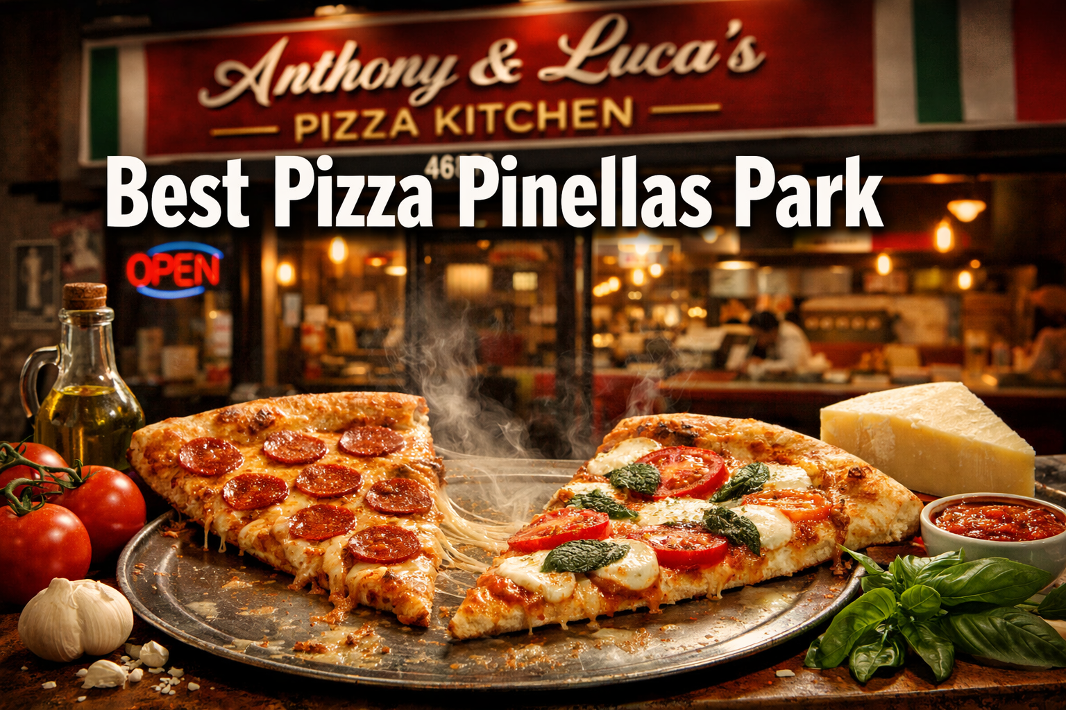 Professional landscape format (1536x1024) hero image featuring bold text overlay 'Best Pizza Pinellas Park' in extra large 72pt white sans-s