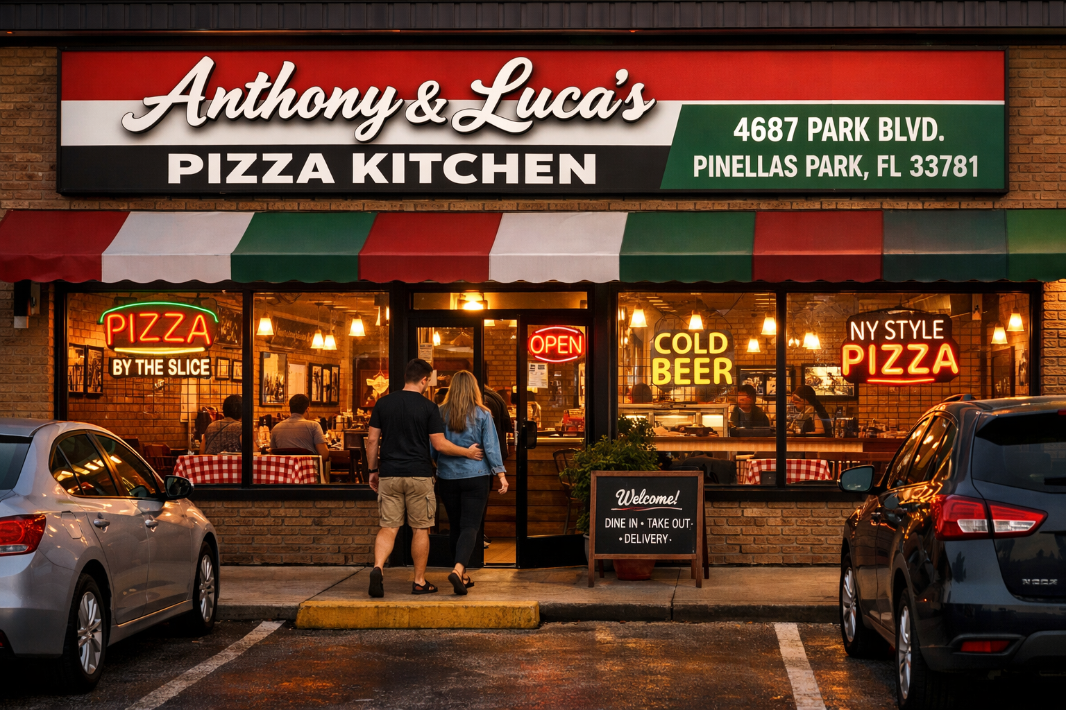 Landscape format (1536x1024) image showing Anthony & Luca's Pizza Kitchen exterior storefront with clear signage at 4687 Park Blvd, Pinellas