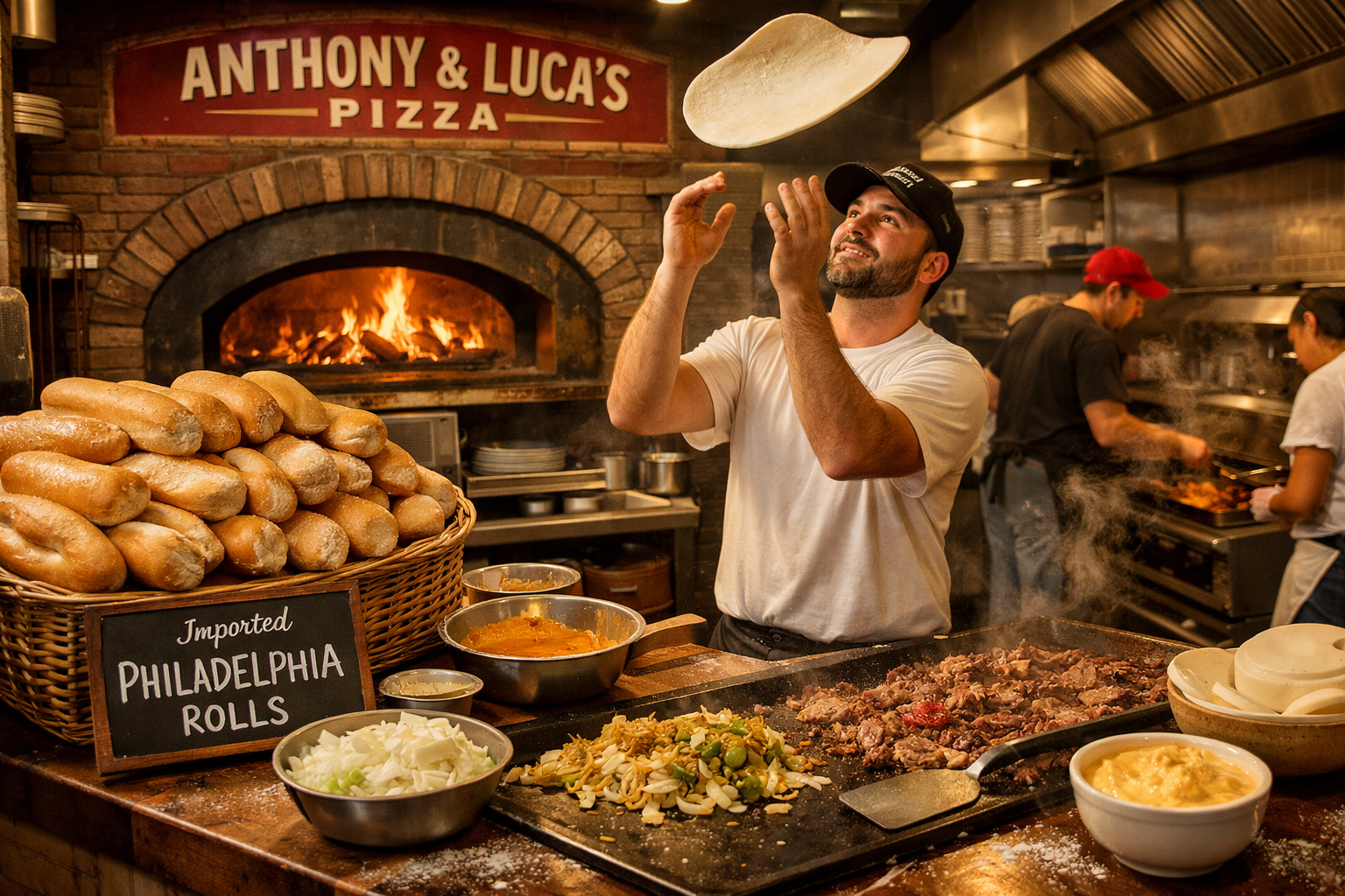 Interior shot of Anthony & Luca's pizza kitchen showing authentic New York style pizza preparation, wood-fired oven, fresh dough being tosse