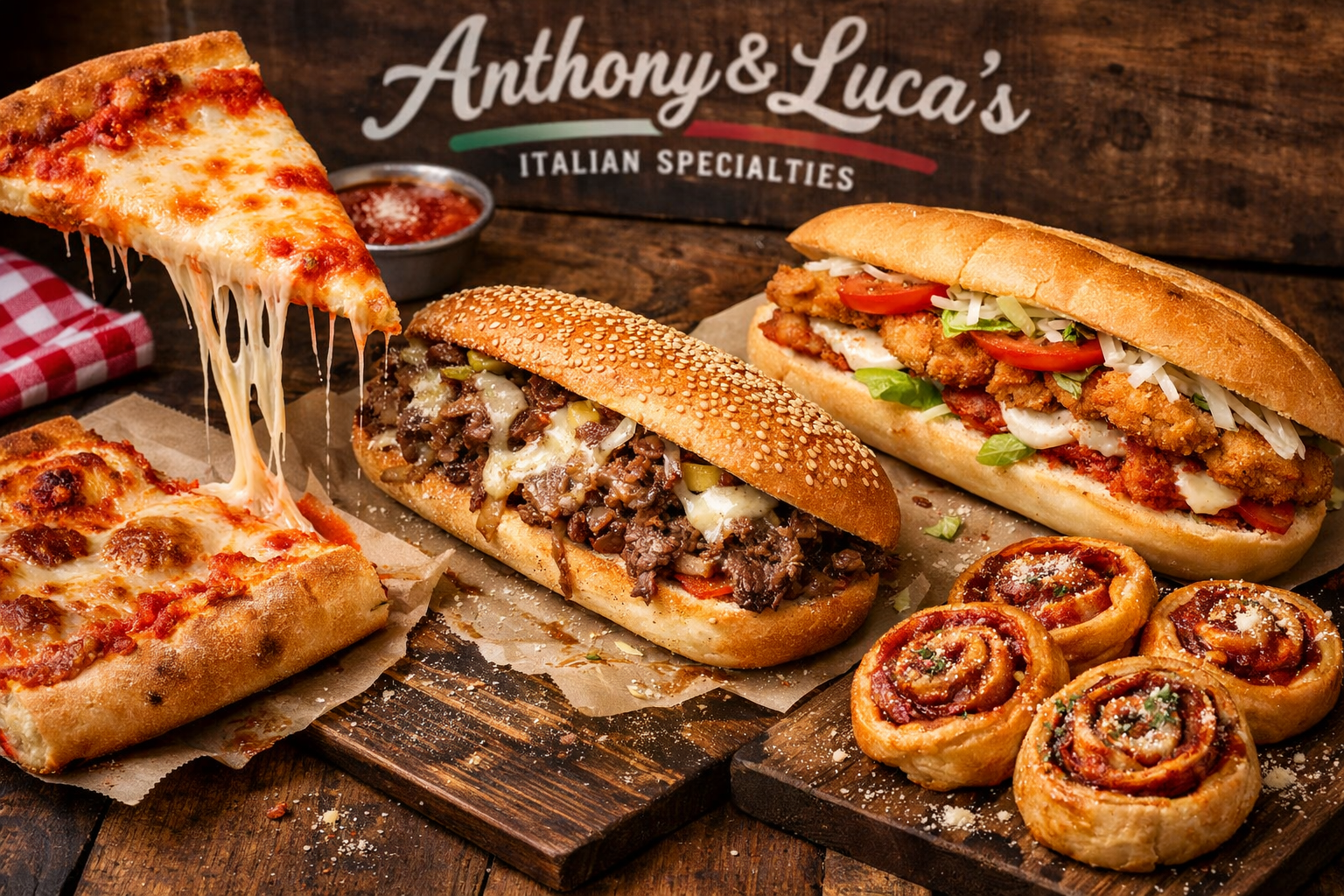 Close-up food photography of signature dishes including New York style pizza slice with perfect cheese pull, authentic ribeye cheesesteak on