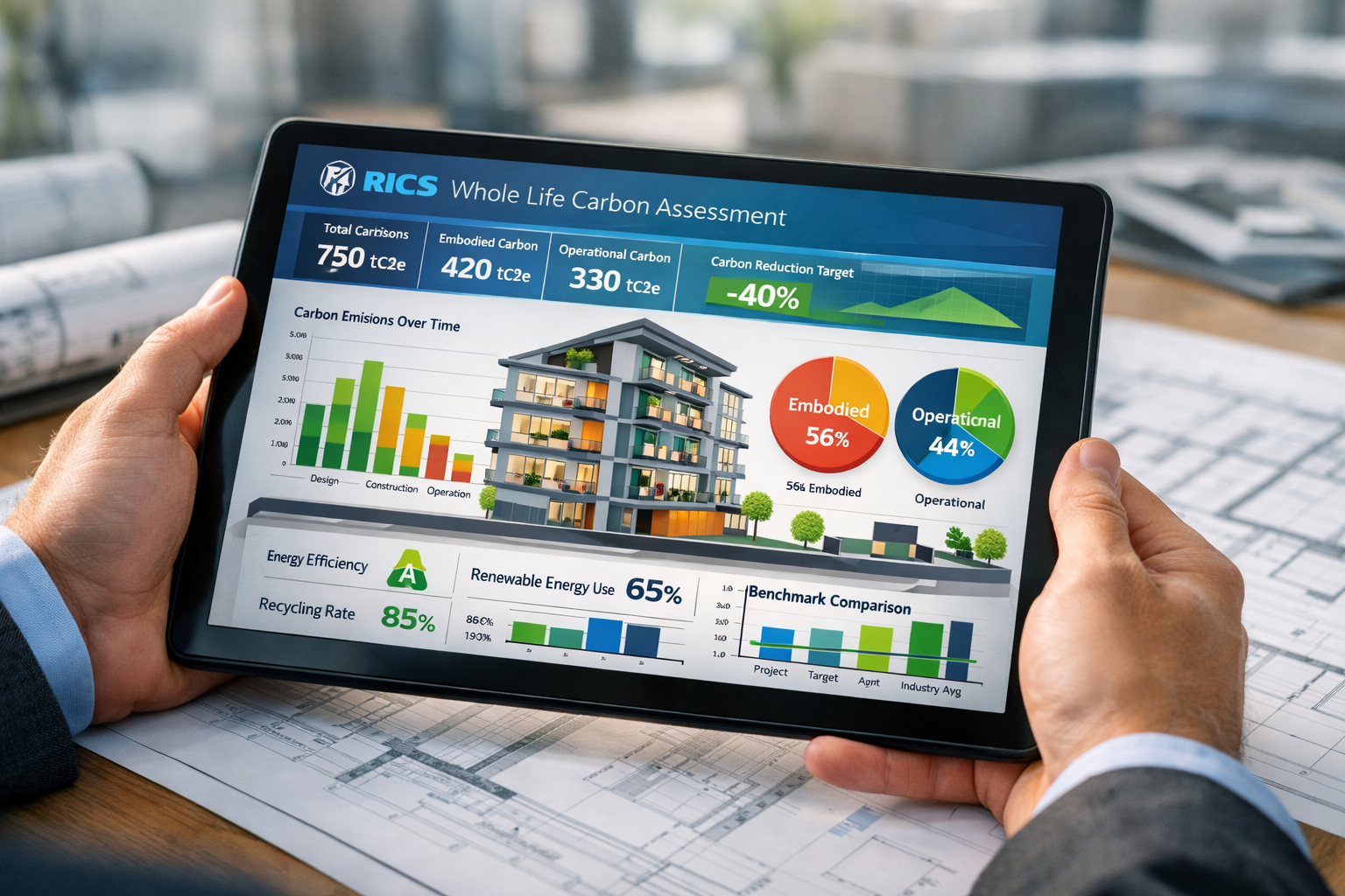 Detailed () image showing close-up of chartered surveyor's hands holding tablet displaying RICS Whole Life Carbon Assessment