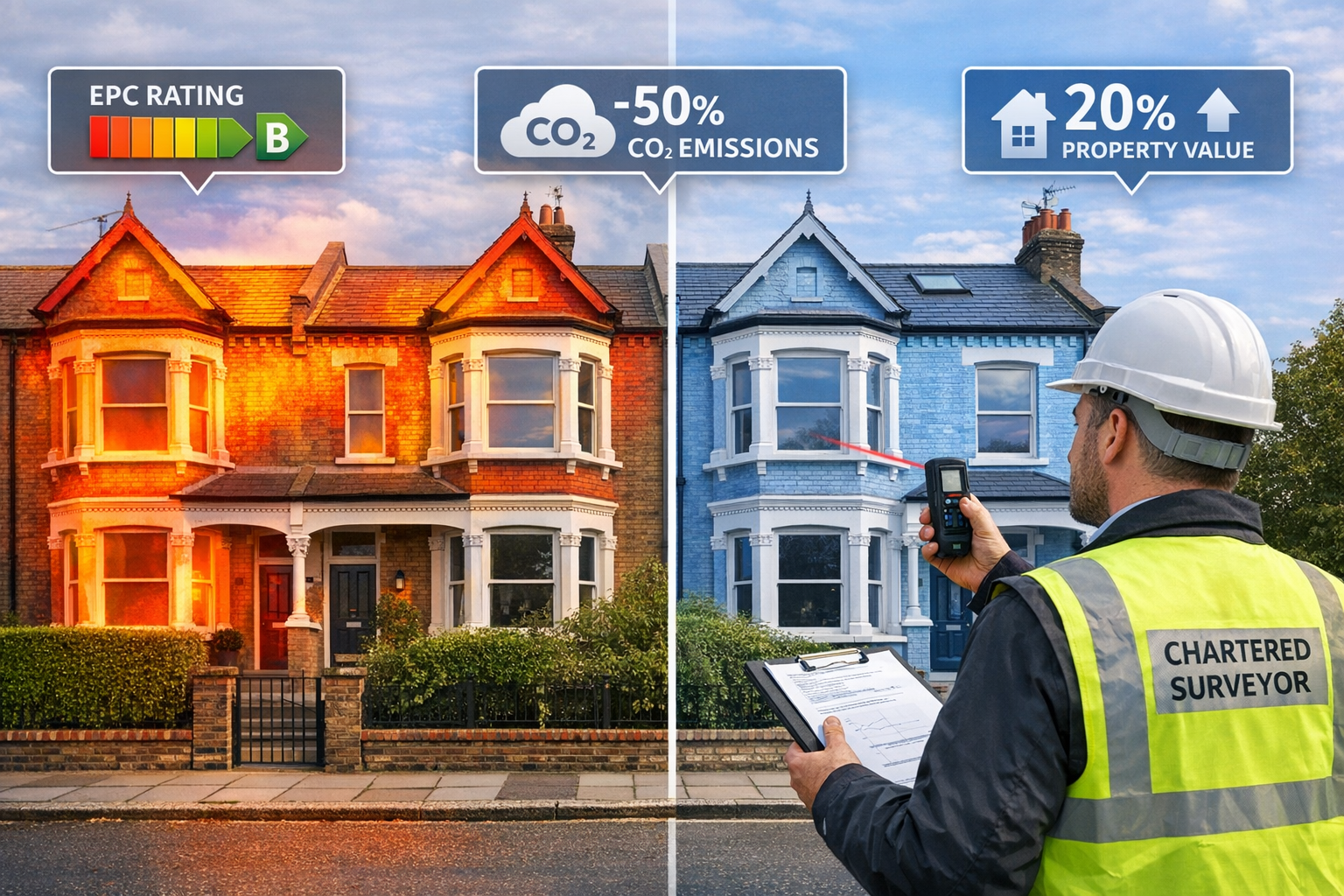 Detailed () image depicting side-by-side comparison of two residential buildings: left shows traditional Victorian terrace