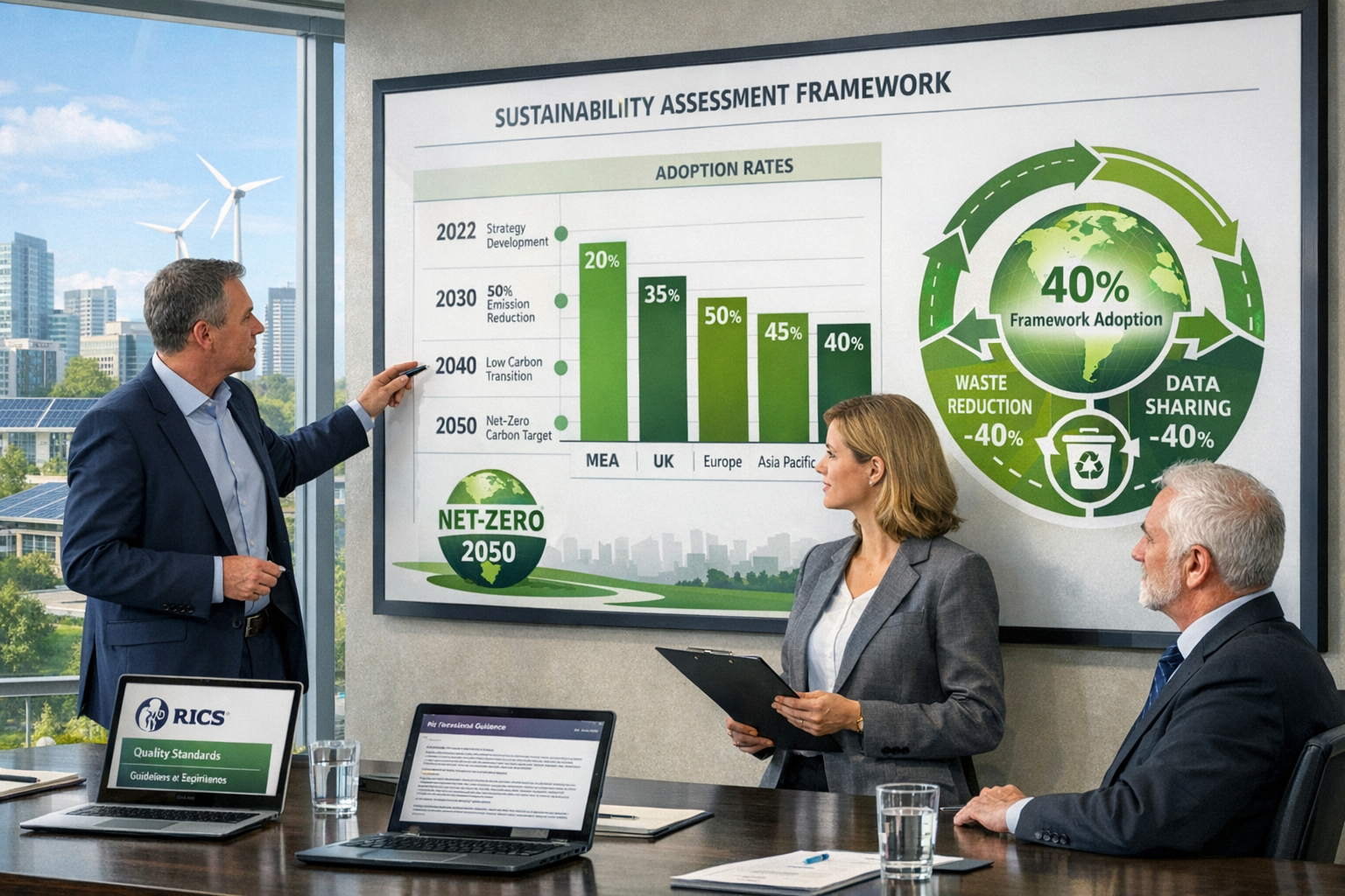 Detailed () image showing professional meeting scene with three chartered surveyors reviewing large wall-mounted