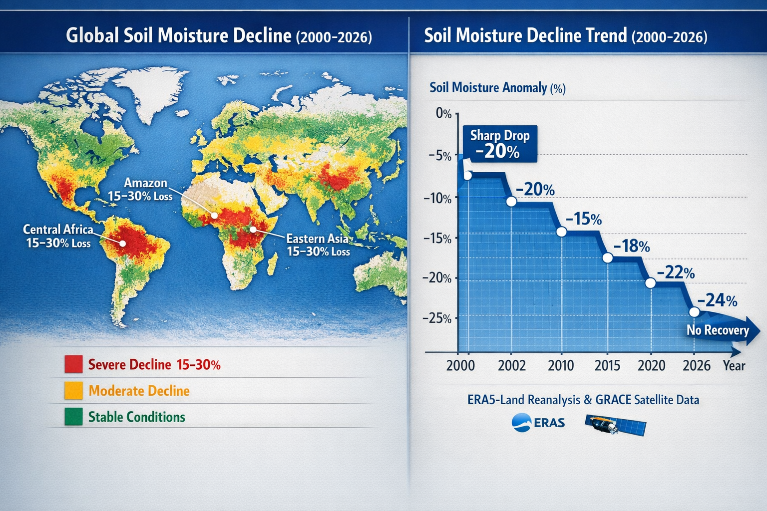 Landscape format (1536x1024) detailed infographic showing global soil moisture decline patterns from 2000-2026. Split-screen visualization: 