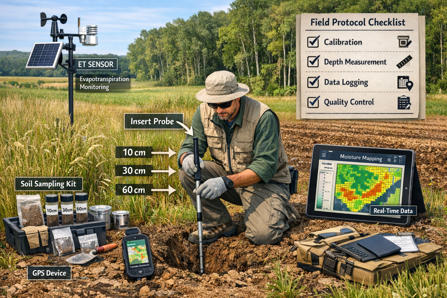 Landscape format (1536x1024) comprehensive field protocol illustration showing modern 2026 terrestrial ecology survey methods. Center focus: