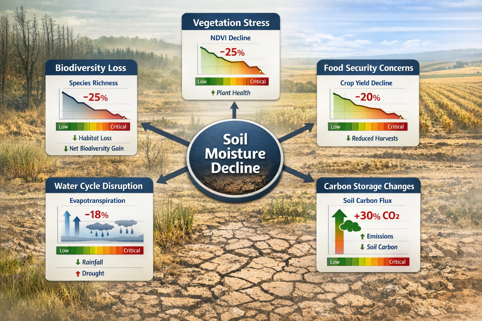 Landscape format (1536x1024) impact assessment visualization showing interconnected effects of soil moisture decline on terrestrial ecosyste