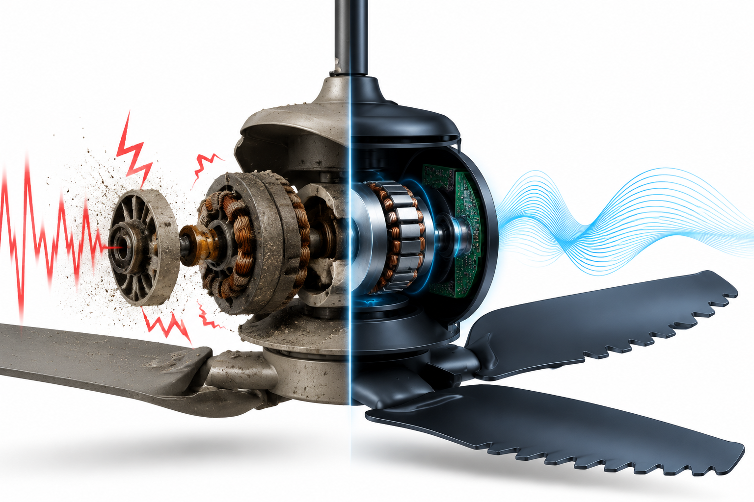 A detailed close-up technical illustration of a modern BLDC fan motor and bionic-shaped blades with serrated edges. The