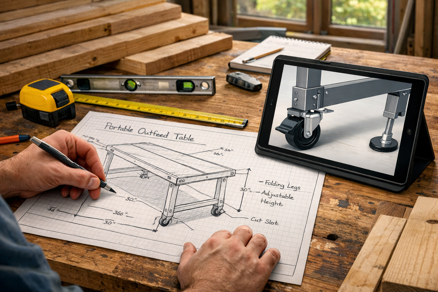 Detailed () image illustrating the initial design phase of a portable outfeed table. A woodworker is sketching a blueprint