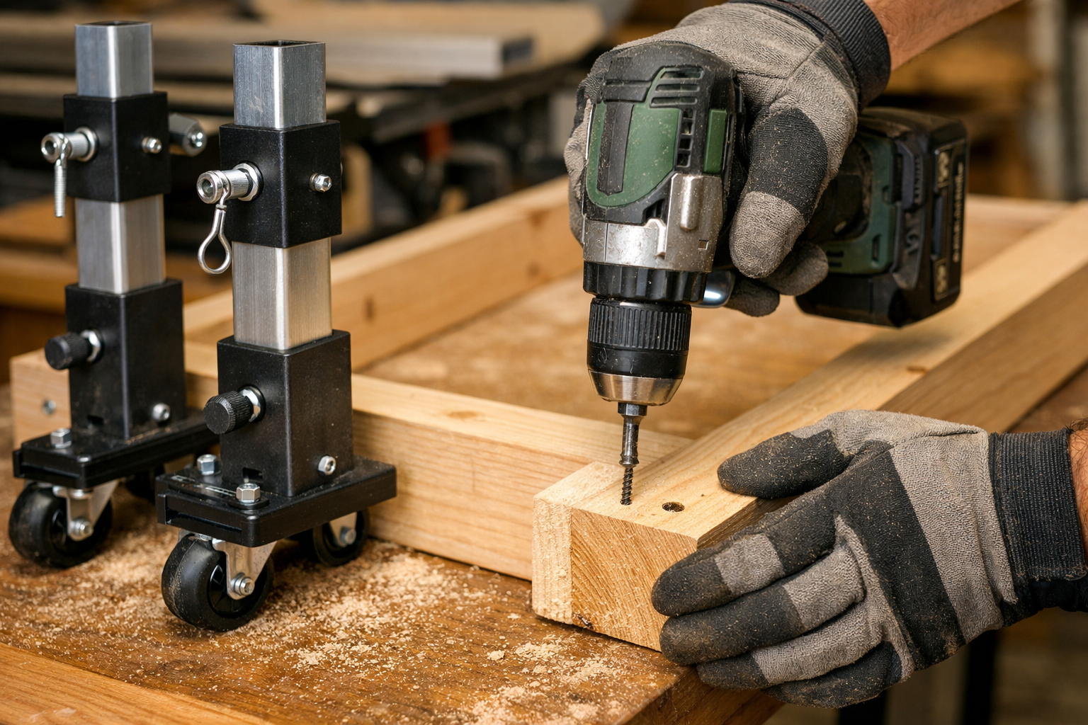 Detailed () image showcasing the construction of the outfeed table. A pair of hands, wearing work gloves, is assembling the