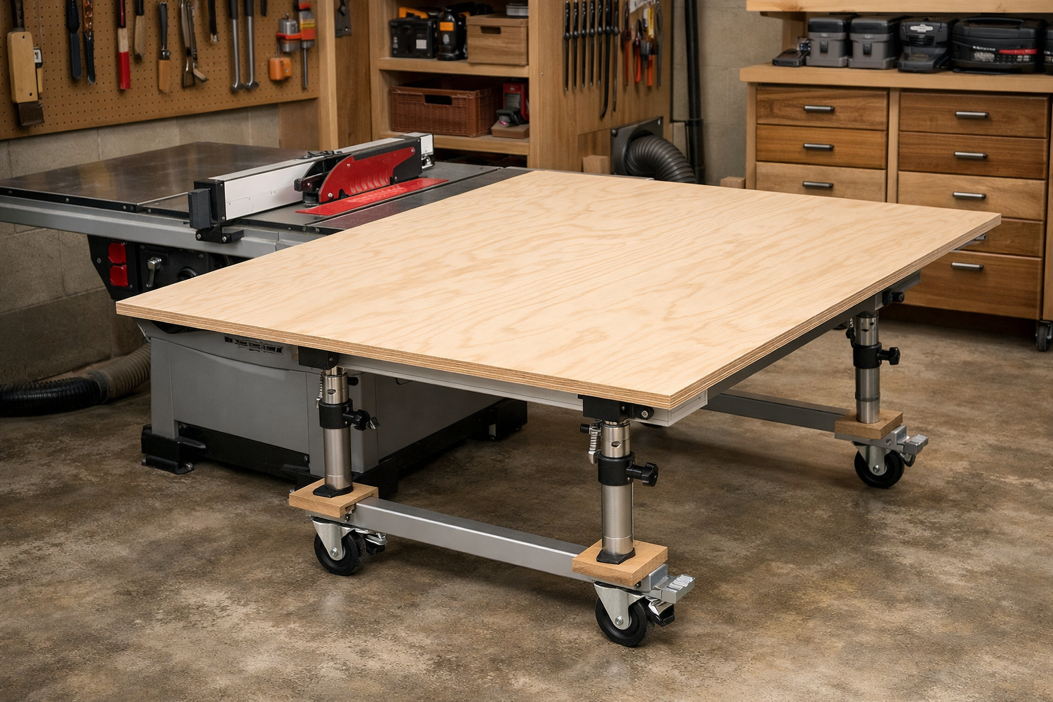 Detailed () image of a finished portable and adjustable outfeed table in use, seamlessly integrated with a table saw in a