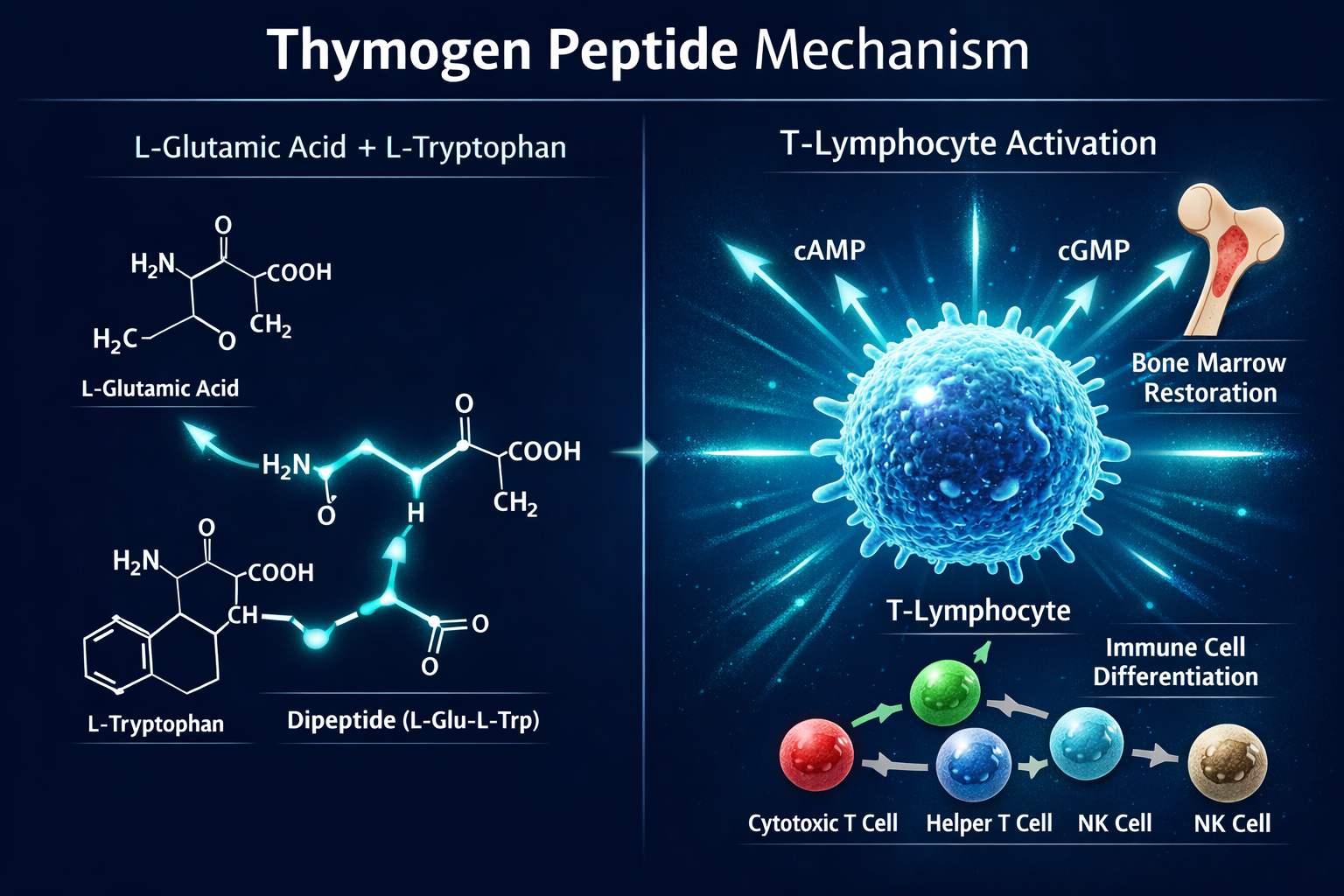 Detailed () scientific infographic illustration showing Thymogen peptide molecular mechanism: a split-panel composition with