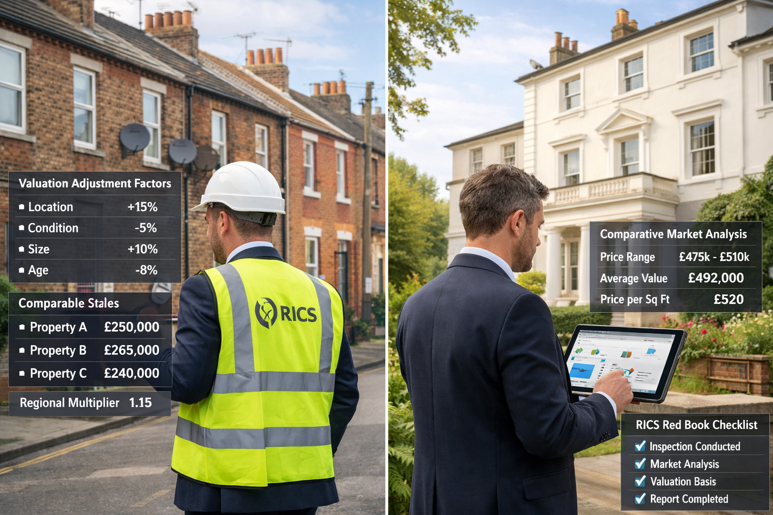 Detailed landscape format (1536x1024) professional scene showing RICS chartered surveyor conducting property valuation with tablet displayin