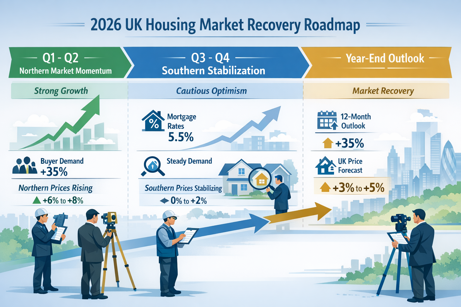 Detailed landscape format (1536x1024) conceptual illustration showing timeline roadmap for 2026 UK housing market recovery. Visual flow char
