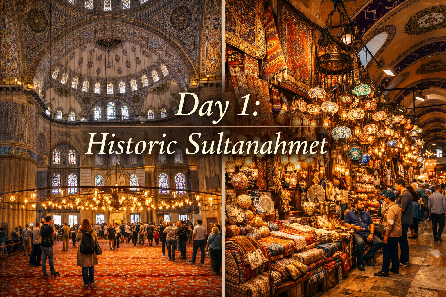 Detailed landscape image (1536x1024) showing Day 1 Istanbul itinerary highlights with split composition: left side features interior of Blue