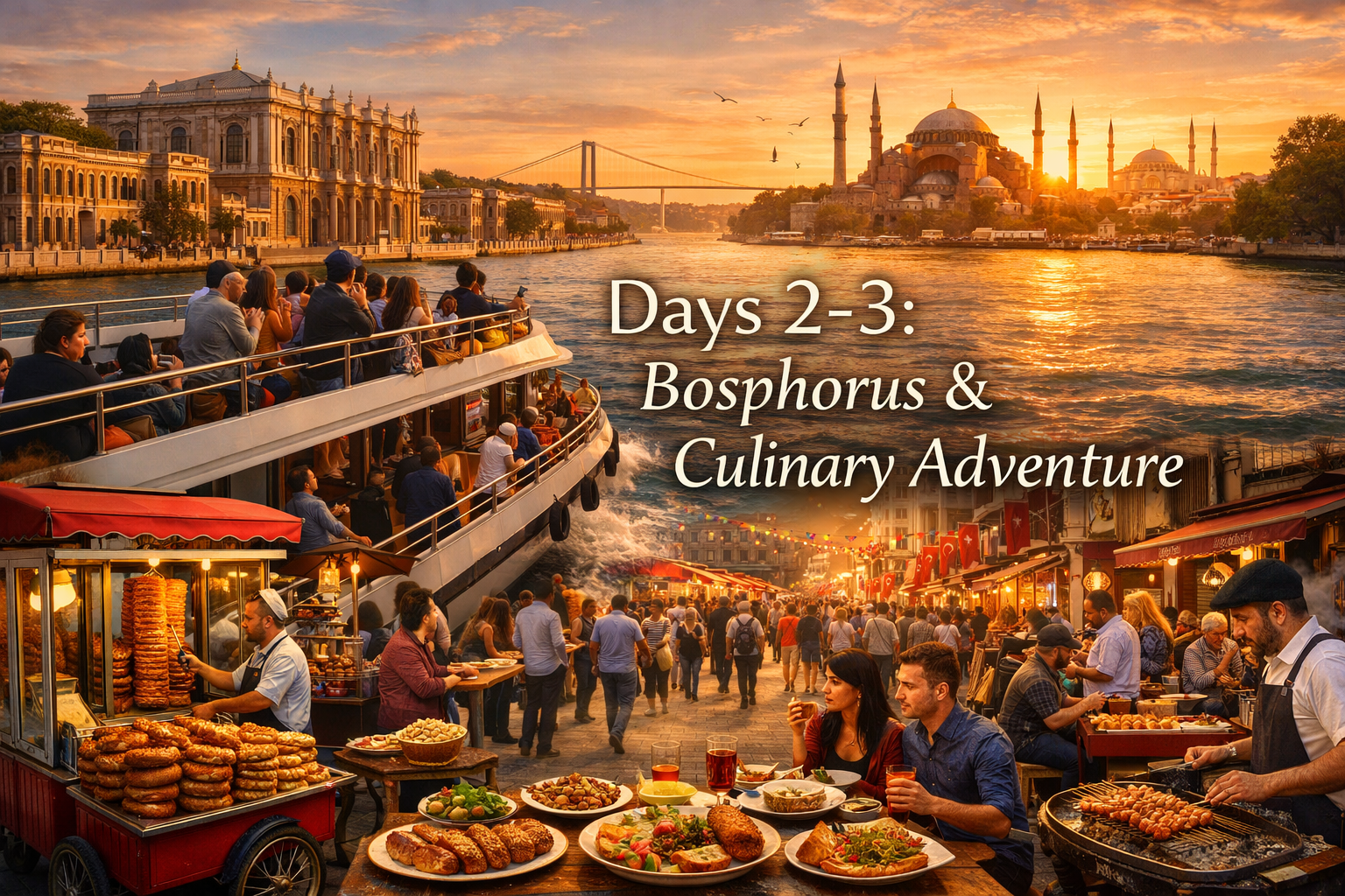 Detailed landscape image (1536x1024) showcasing Days 2-3 Istanbul experiences with dynamic composition: upper section displays Bosphorus cru