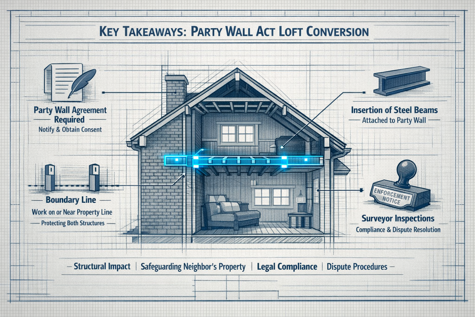 Detailed editorial infographic visualizing 'Key Takeaways' for Party Wall Act loft conversion process, featuring