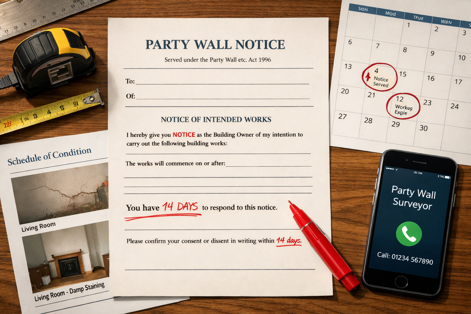 () flat-lay overhead shot of a formal Party Wall Notice document on a wooden desk, surrounded by a surveyor's tools: