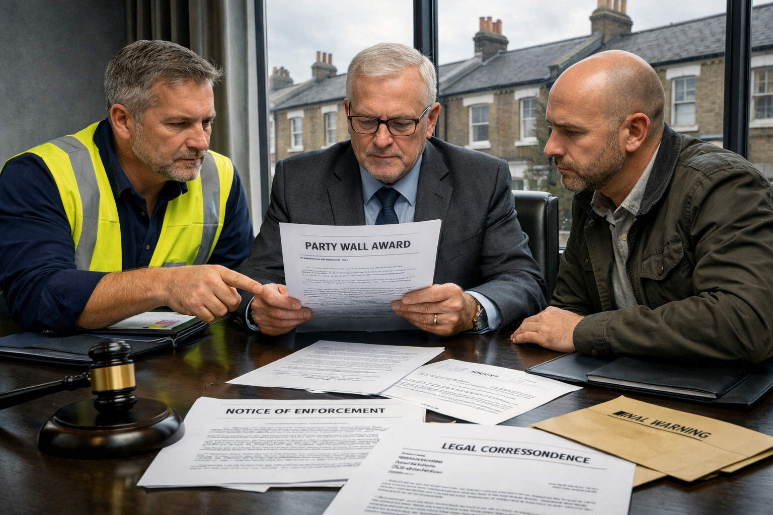 () courtroom-adjacent professional scene showing two surveyors and a third agreed surveyor seated at a conference table