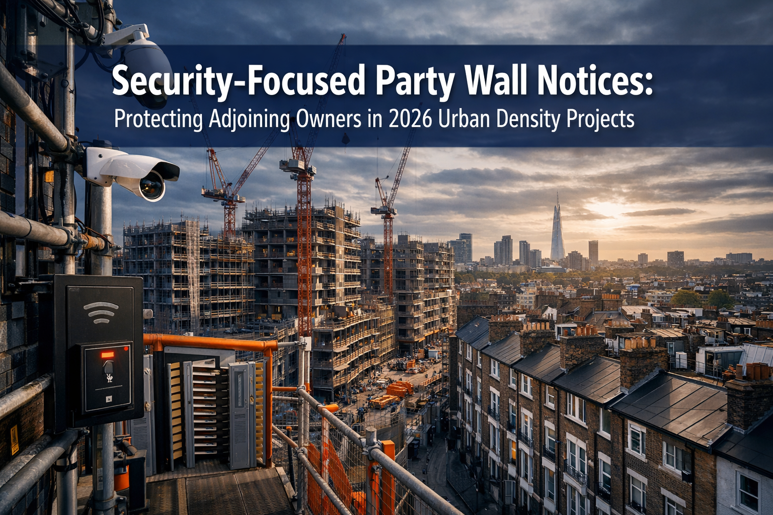 Professional () hero image featuring 'Security-Focused Party Wall Notices: Protecting Adjoining Owners in 2026 Urban Density