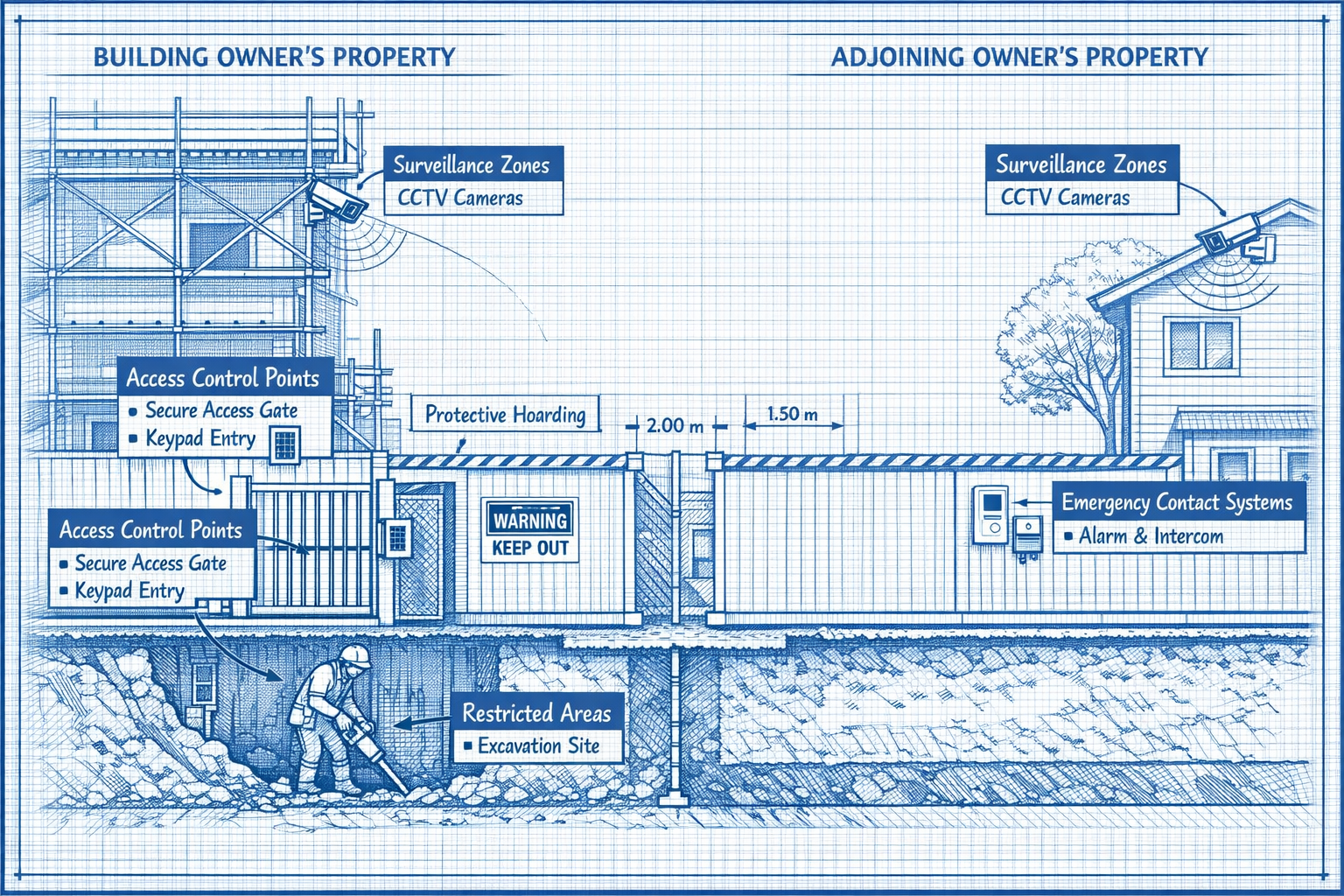 () detailed illustration showing cross-section diagram of two adjoining properties during construction work, with labeled