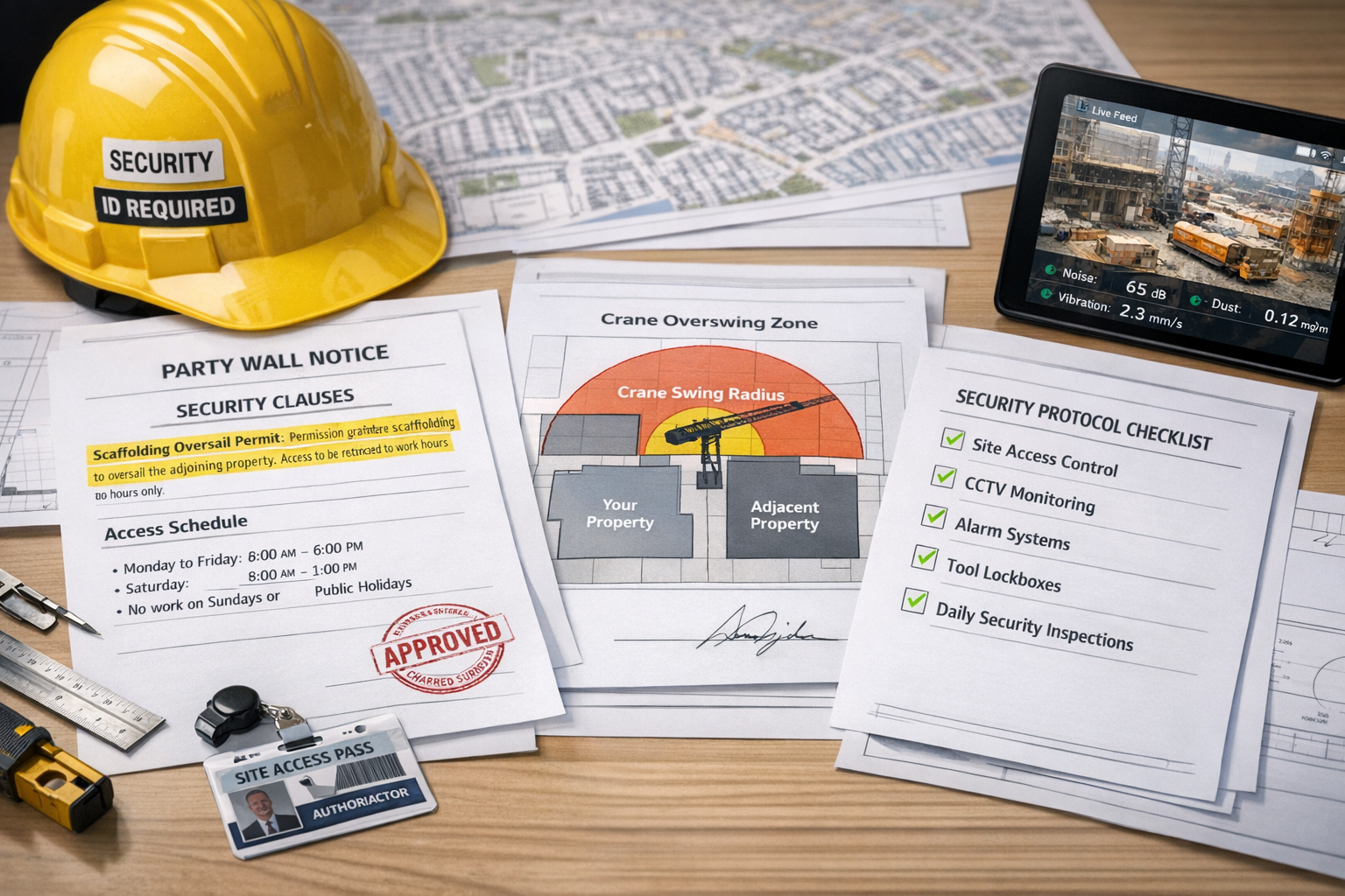 () professional photograph of modern party wall notice documentation spread on architect's desk, showing detailed security