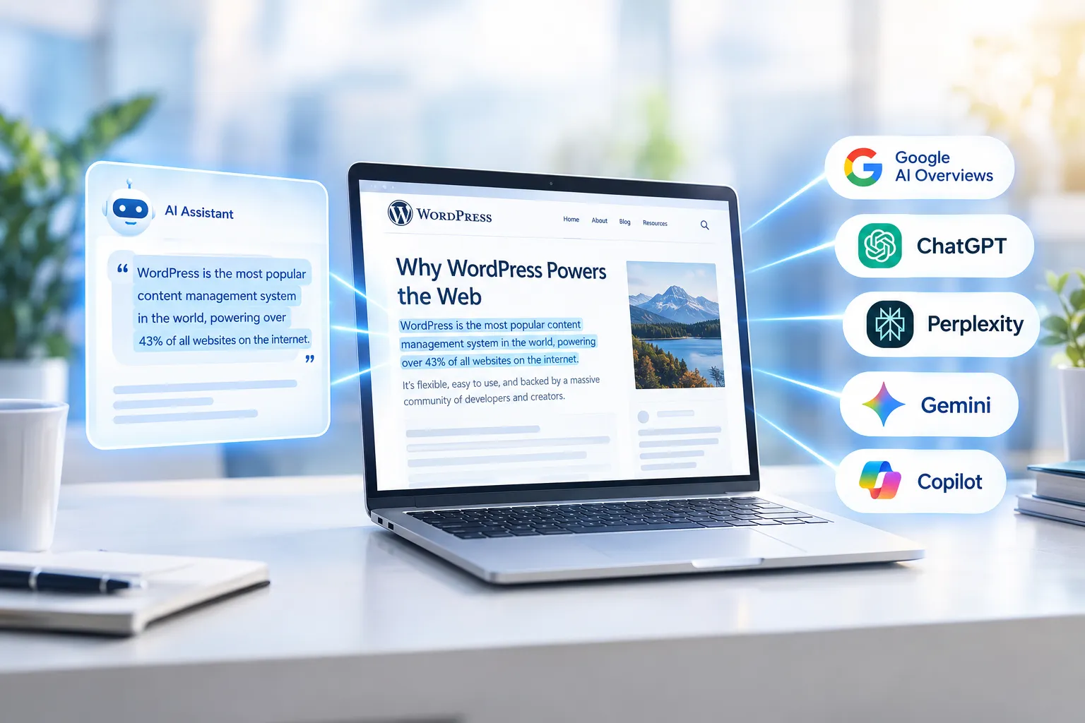 A professional hero image showing a glowing AI assistant interface on one side quoting a highlighted passage of text from a