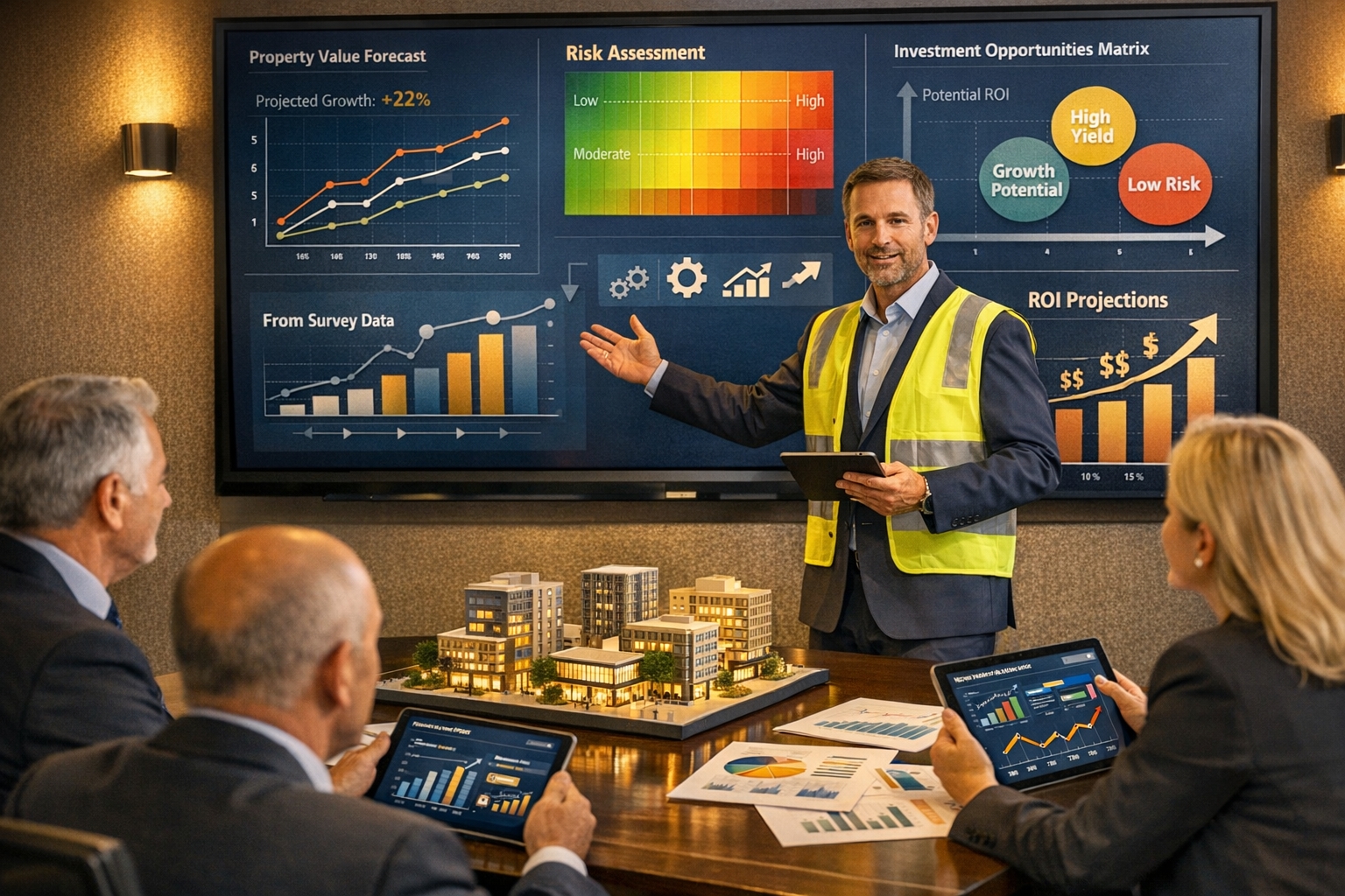 Detailed landscape format (1536x1024) professional business consulting scene in modern boardroom. Central image shows surveyor-turned-consul