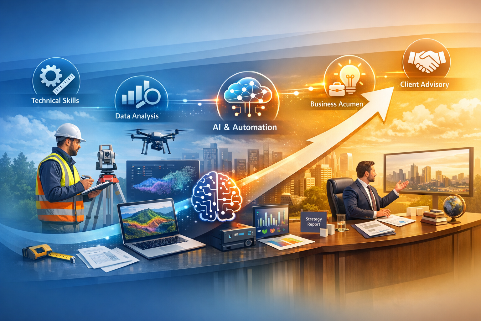 Detailed landscape format (1536x1024) conceptual image illustrating surveyor career evolution pathway. Visual timeline design showing progre