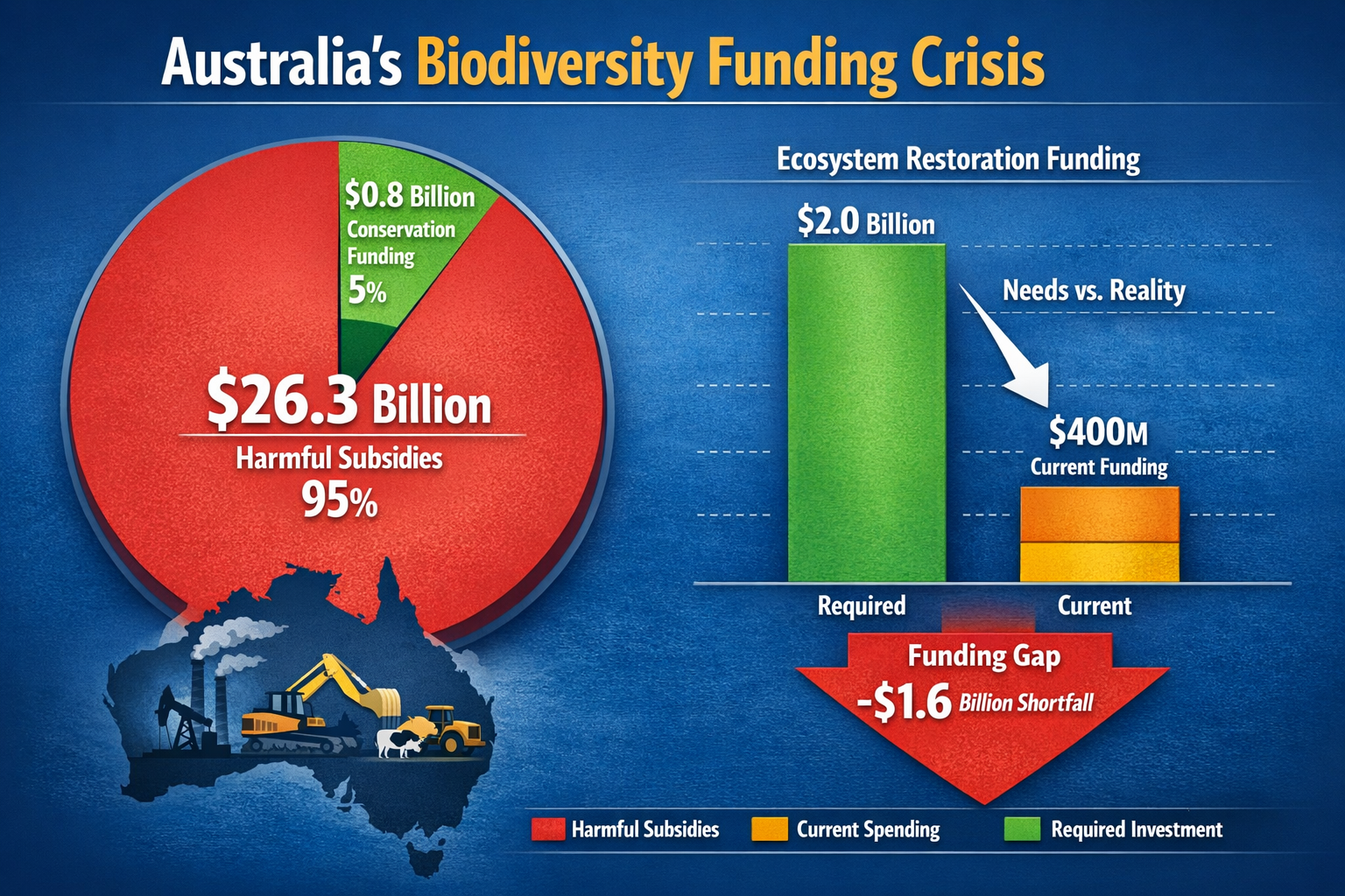 Detailed () infographic showing Australia's biodiversity funding crisis with prominent visual elements: large pie chart