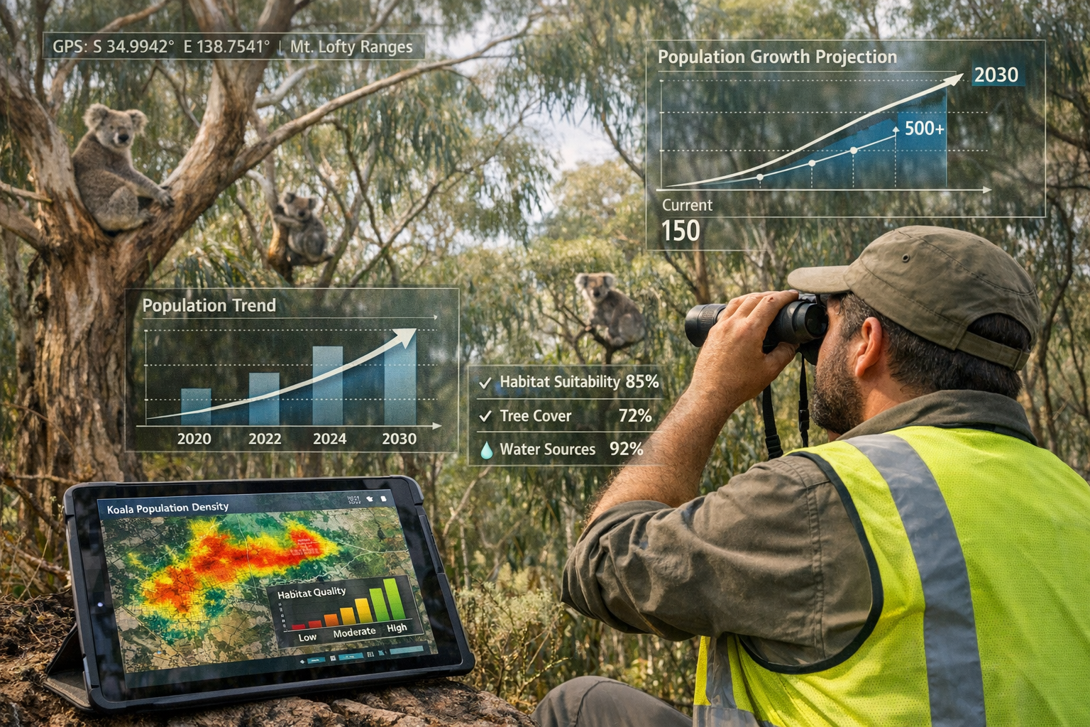 Detailed () field research scene showing ecological surveyor in Mount Lofty Ranges conducting koala population assessment,