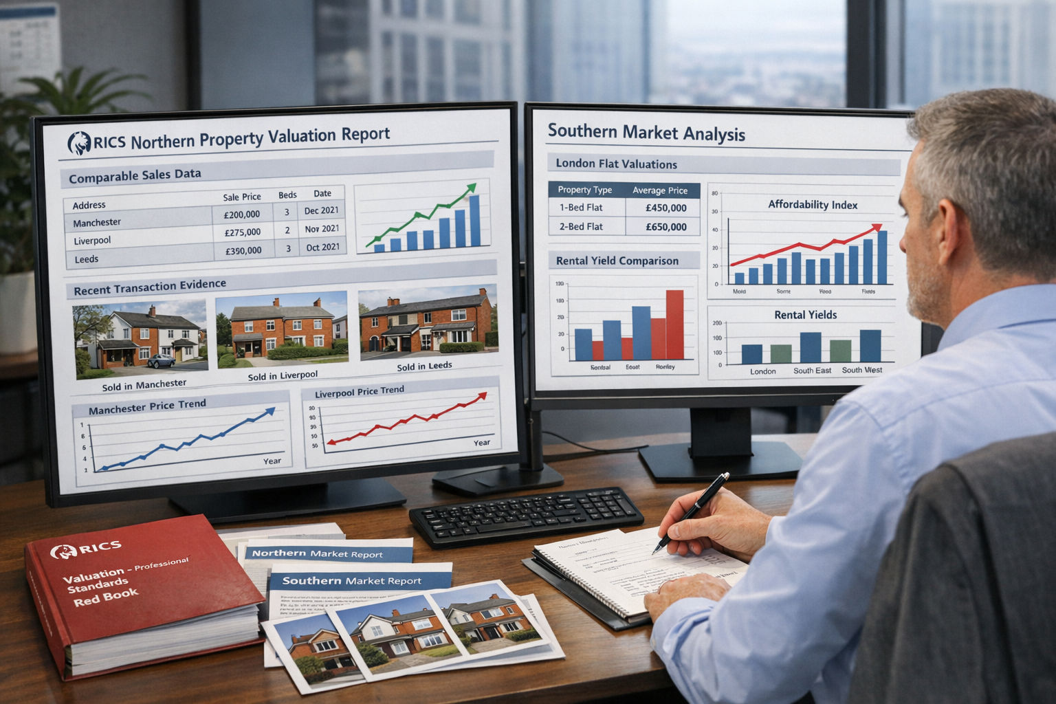 Detailed landscape format (1536x1024) image depicting professional RICS surveyor conducting comparative market analysis with dual-screen set