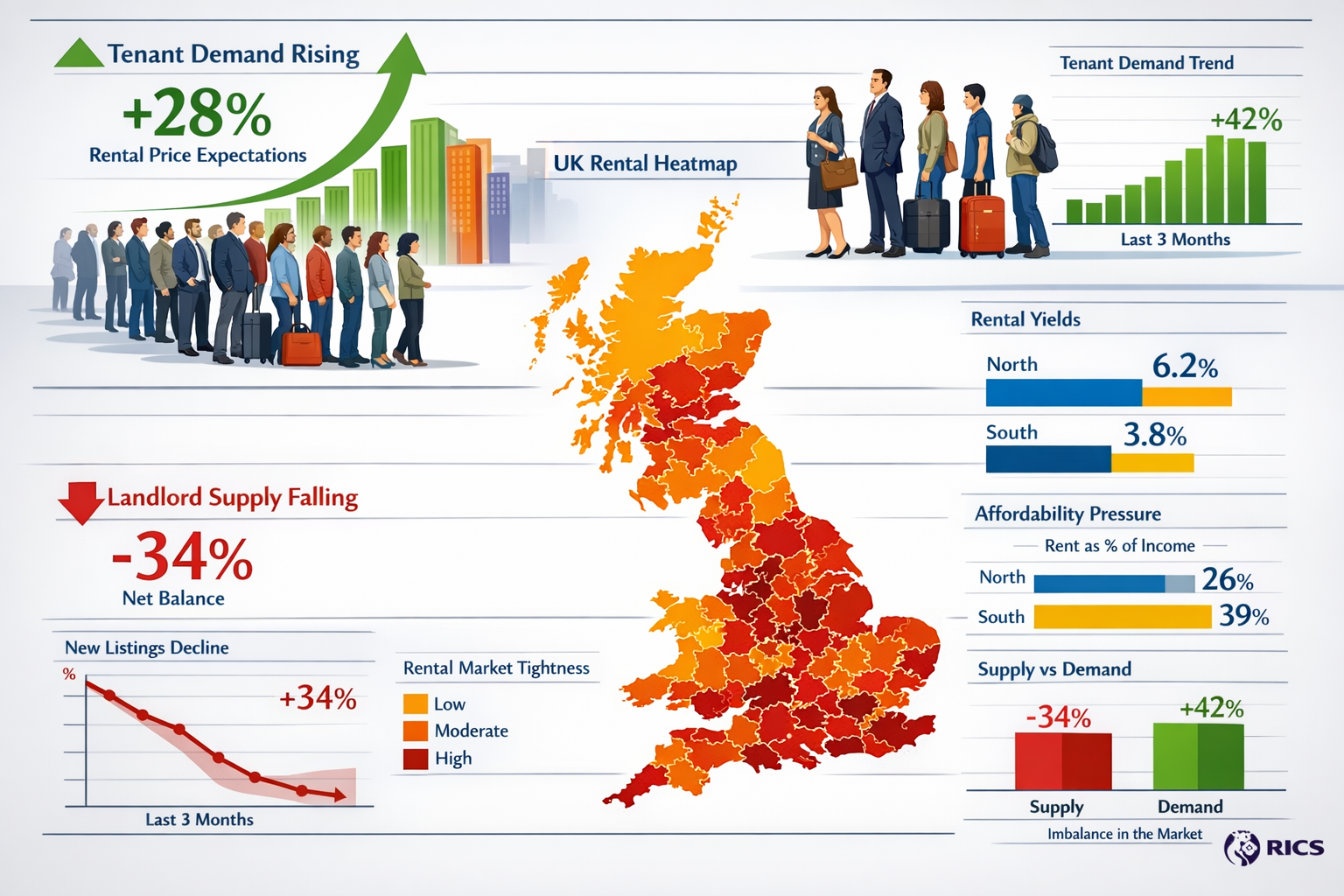 Detailed landscape format (1536x1024) image showing rental market dynamics visualization with split infographic design. Top section displays