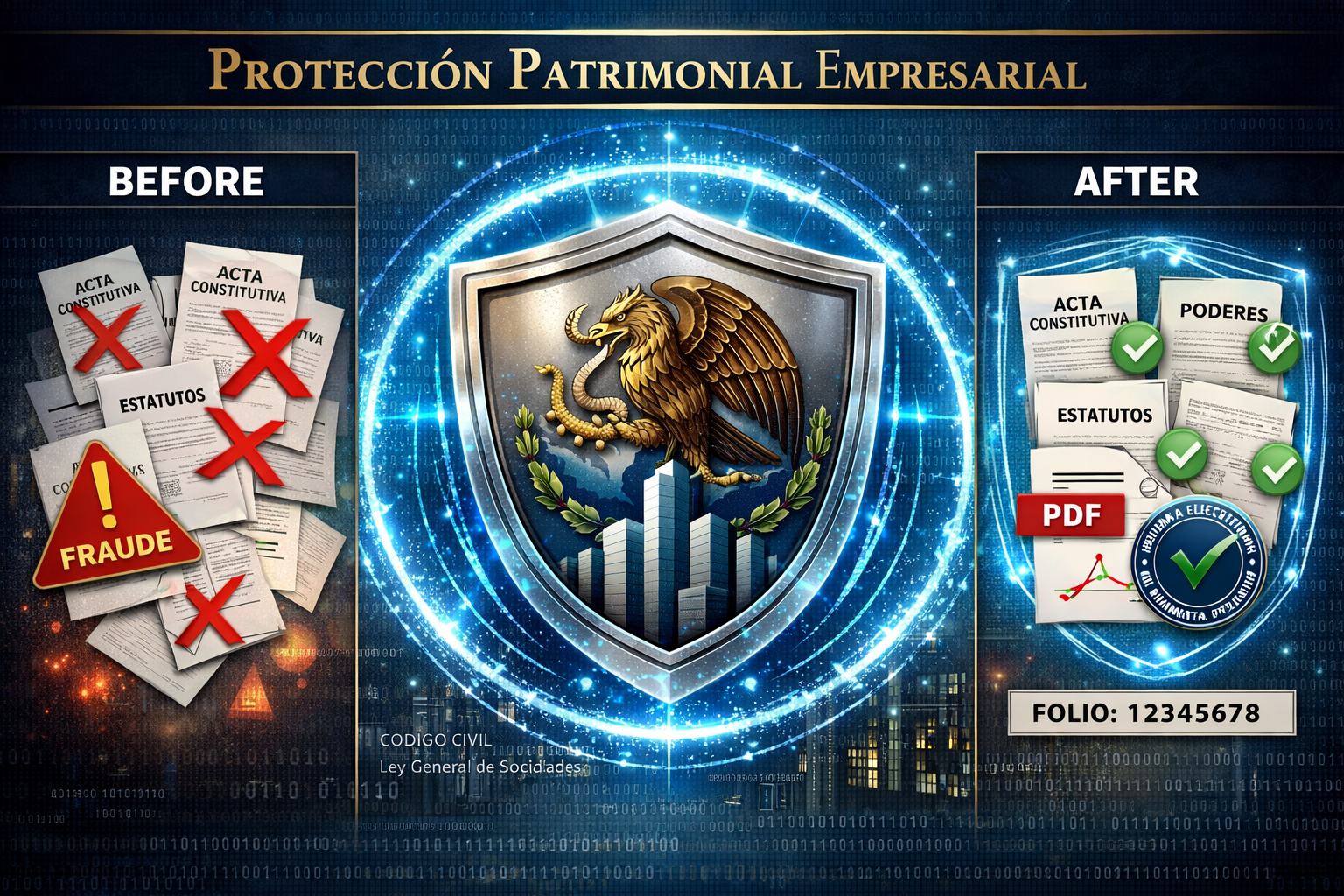 Detailed landscape format (1536x1024) visualization of legal protection shield concept for corporate documents. Center shows large metallic 