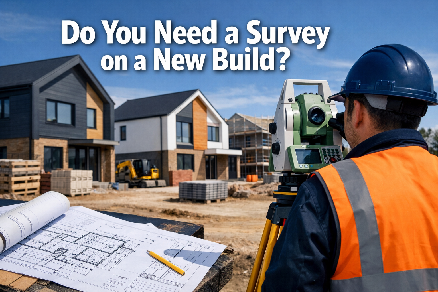 Professional landscape format (1536x1024) hero image featuring bold text overlay 'Do You Need a Survey on a New Build?' in extra large 72pt 