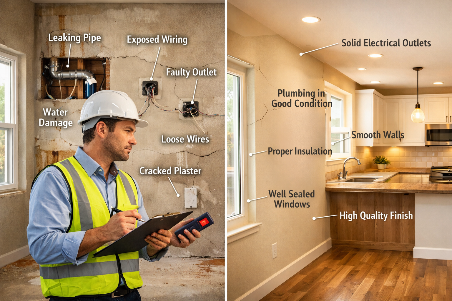 Landscape format (1536x1024) editorial image showing professional surveyor conducting detailed inspection of new build property interior, ho