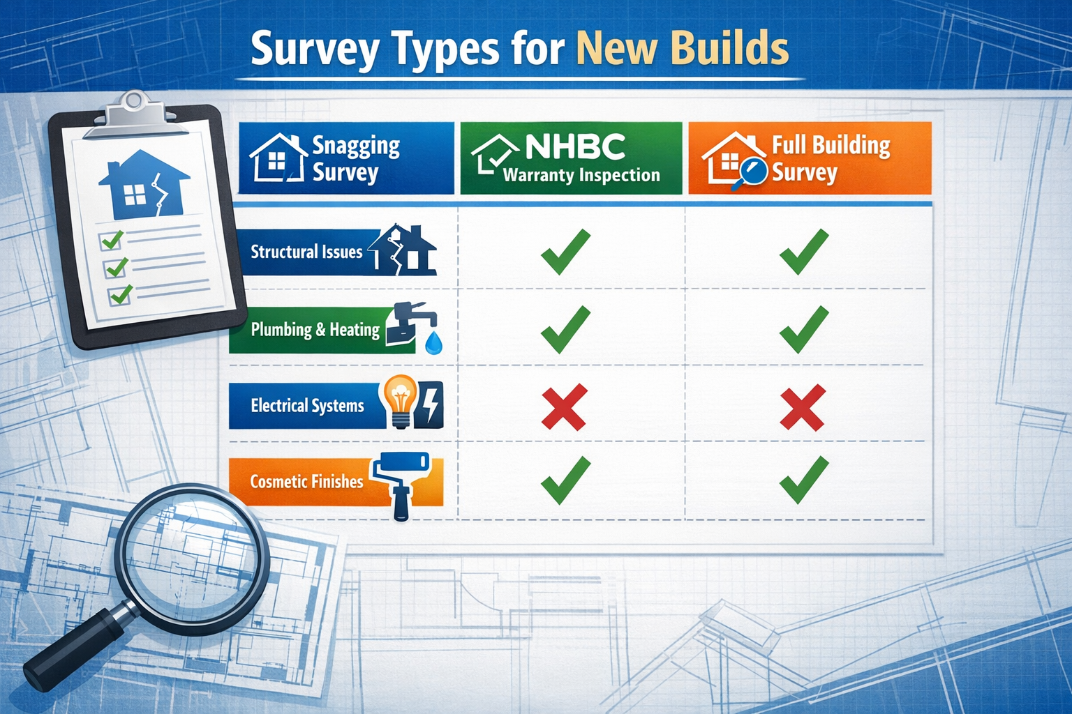 Landscape format (1536x1024) infographic-style image displaying comparison table of different survey types for new builds, three columns sho