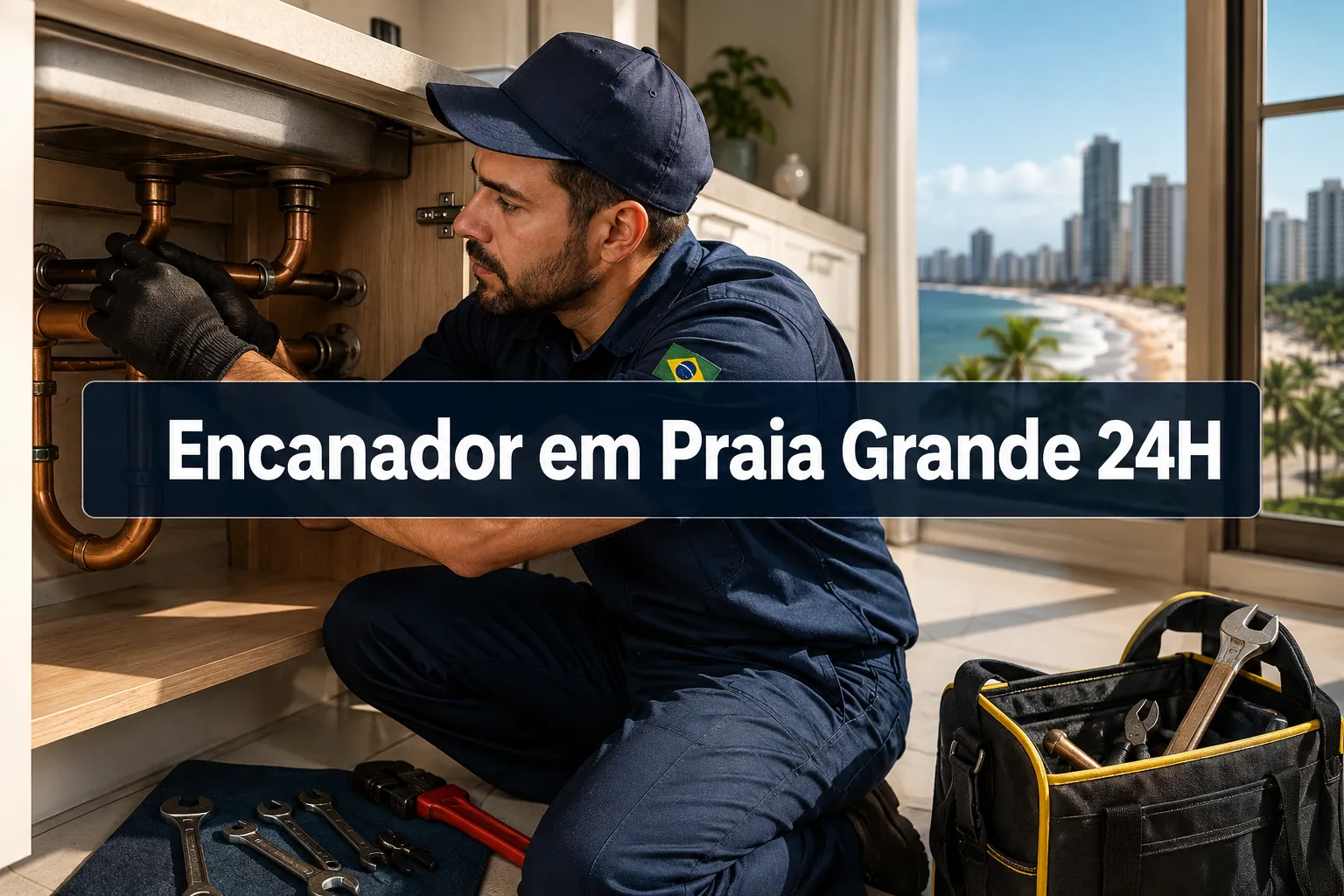 Professional () hero image with (≤42 chars): 'Encanador em Praia Grande 24H', white on a deep navy semi-transparent panel,