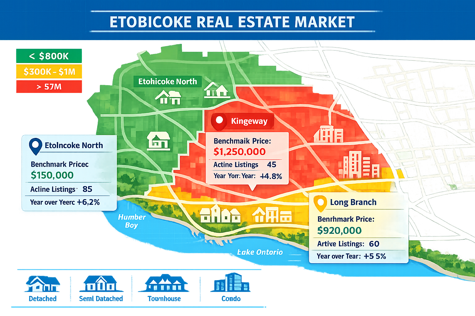 Detailed landscape format (1536x1024) image showing Etobicoke neighborhood map with highlighted emerging market zones, color-coded price ran