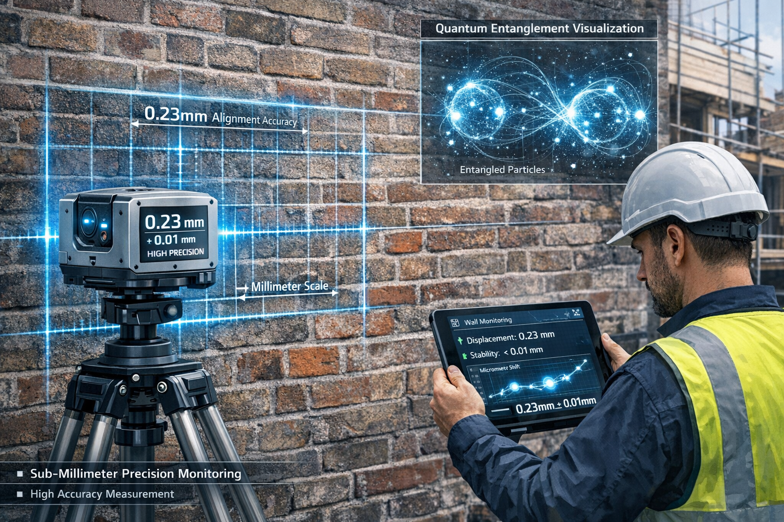 () technical illustration showing close-up of quantum sensor device mounted on tripod positioned against historic London