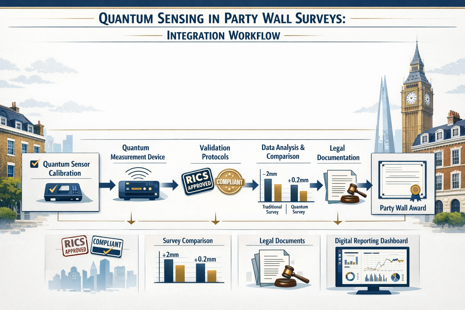 () infographic-style composition displaying integration workflow diagram for quantum sensing in party wall surveys,