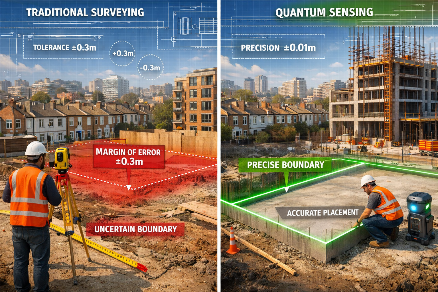 () split-comparison image showing before-and-after scenarios of urban densification boundary disputes: left panel displays
