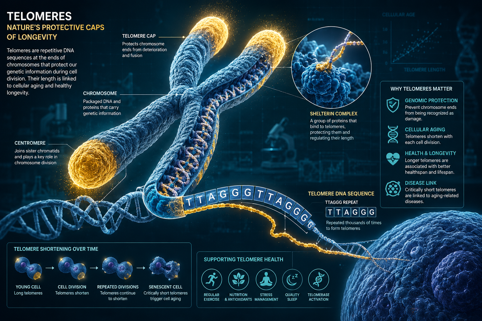 Detailed () scientific illustration showing a close-up cross-section of a human chromosome with telomere caps glowing in