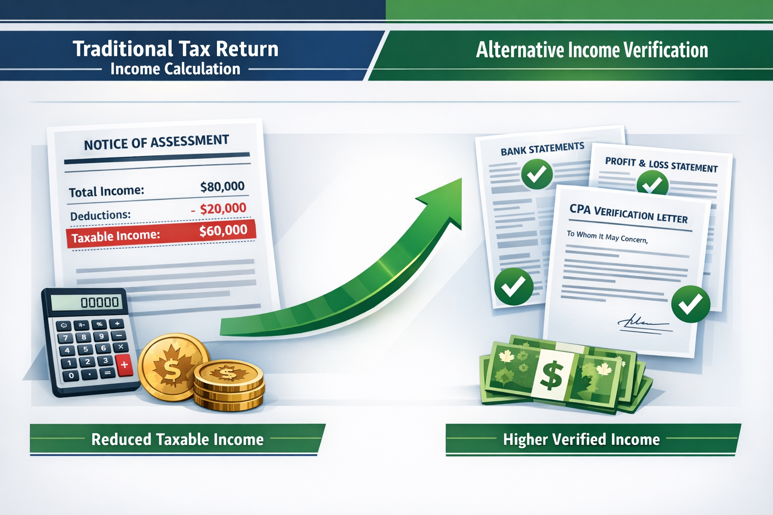 () detailed infographic showing side-by-side comparison of traditional tax return income calculation versus alternative