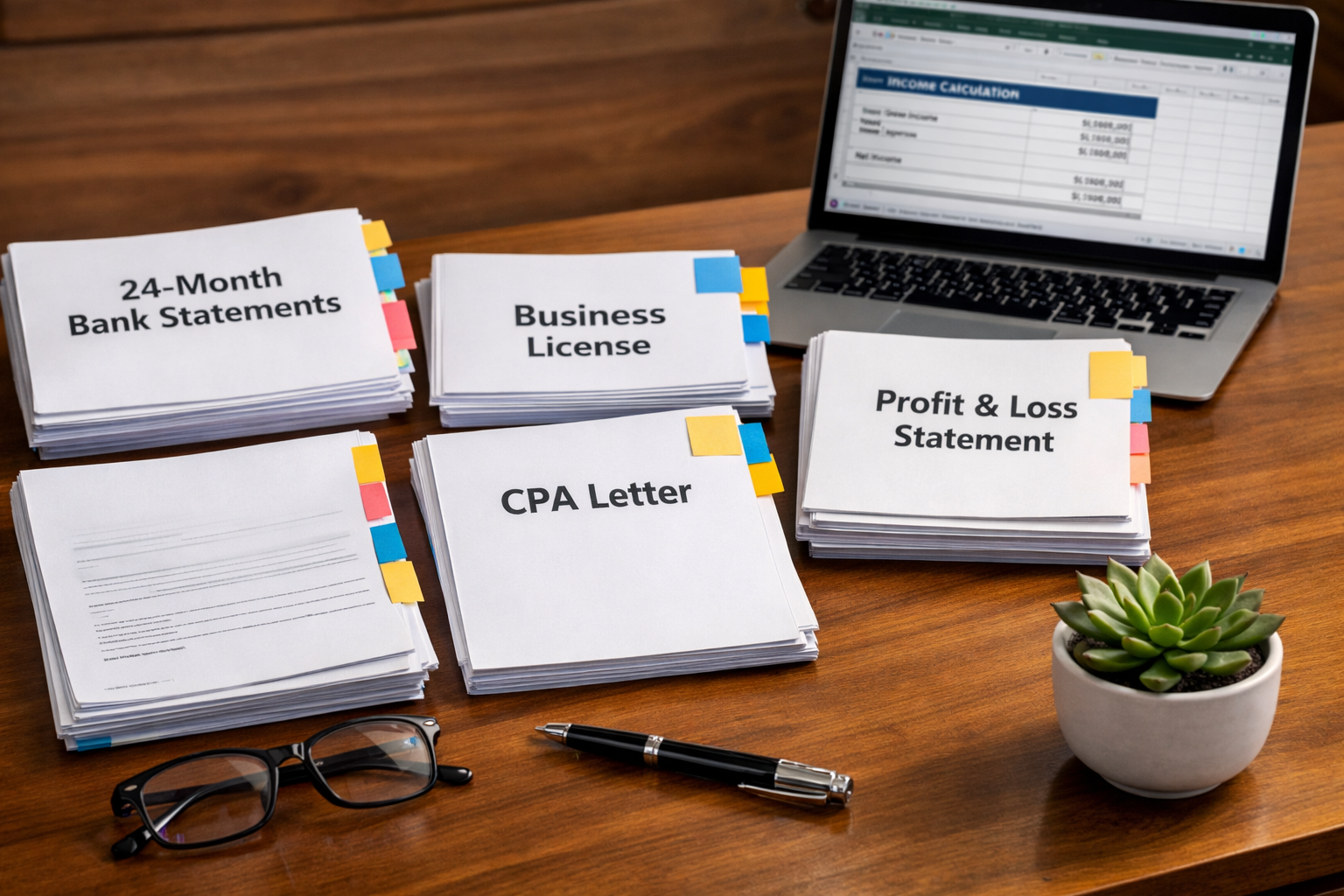 () professional photograph of organized mortgage documentation spread across modern office desk. Documents include clearly