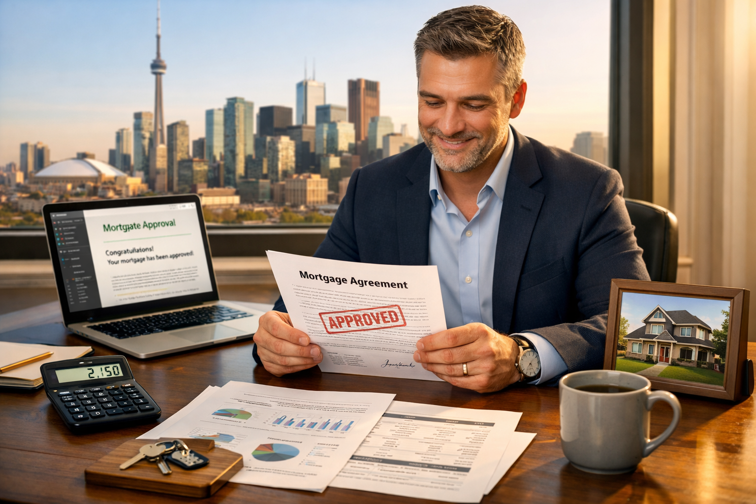 () professional photograph of confident self-employed business owner in modern Toronto office reviewing approved mortgage
