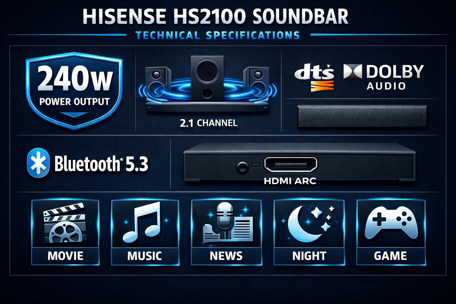 Hisense HS2100 Soundbar Review Digital illustration, graphic design style, Detailed landscape format (1536x1024) infographic-style image showing the Hisense HS2100 soundbar technical specifications laid out in a clean dark-themed panel: 240W power output badge, 2.1 channel diagram, DTS Virtual X and Dolby Audio logos, Bluetooth 5.3 icon, HDMI ARC port illustration, and 6 EQ mode icons (Movie, Music, News, Night, Sport, Game) arranged in a grid. Bold white labels on dark navy background with electric blue accents. Professional product review aesthetic, editorial quality.