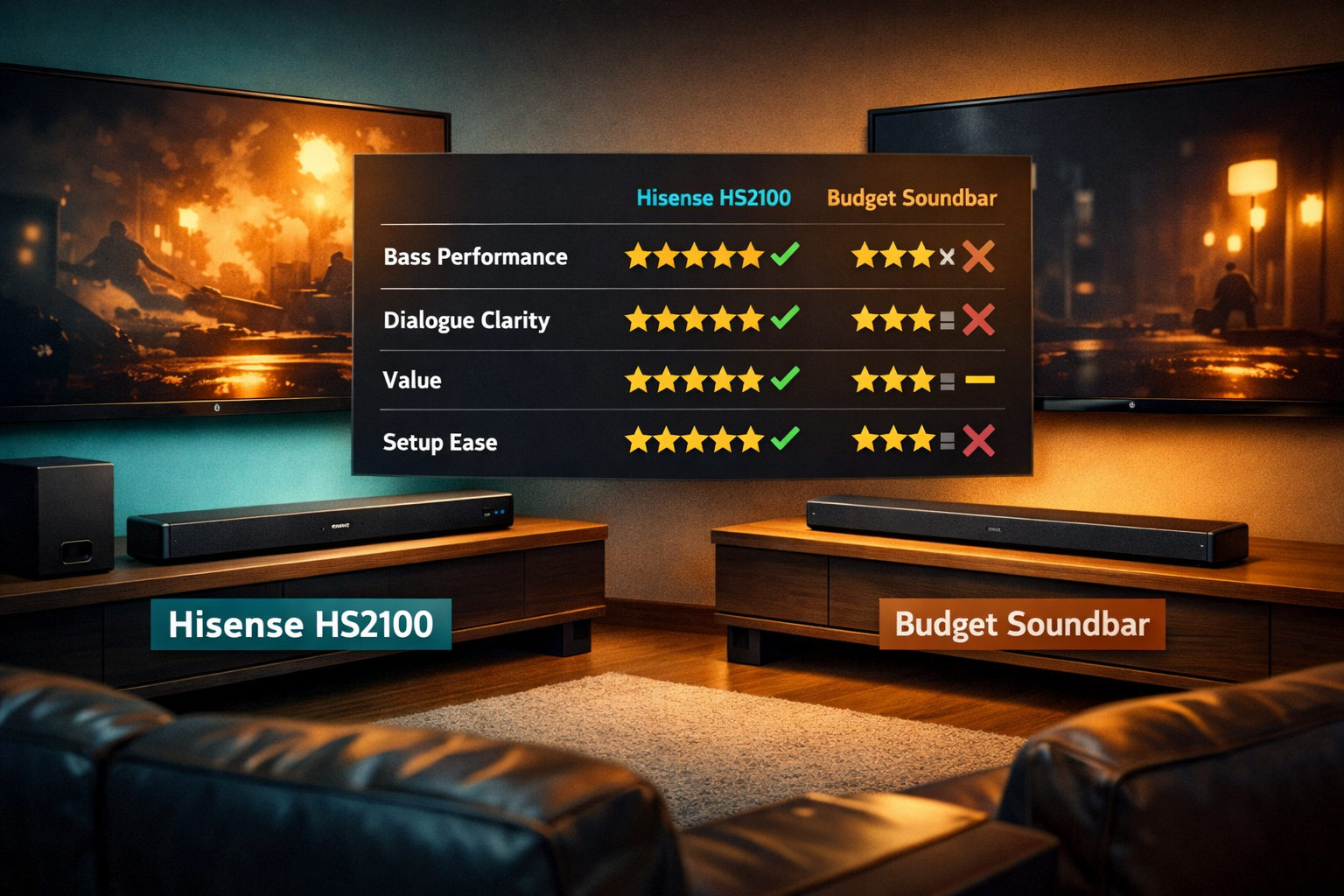 Hisense HS2100 Soundbar Review Digital illustration, graphic design style, Detailed landscape format (1536x1024) side-by-side comparison scene showing the Hisense HS2100 soundbar on the left versus a competing budget soundbar on the right, placed on separate shelves in a modern home theater room. Between them, a floating comparison chart with checkmarks and ratings for bass performance, dialogue clarity, value, and setup ease. Warm cinematic lighting, teal and amber color accents, clean sans-serif labels, professional consumer electronics review style, editorial quality.