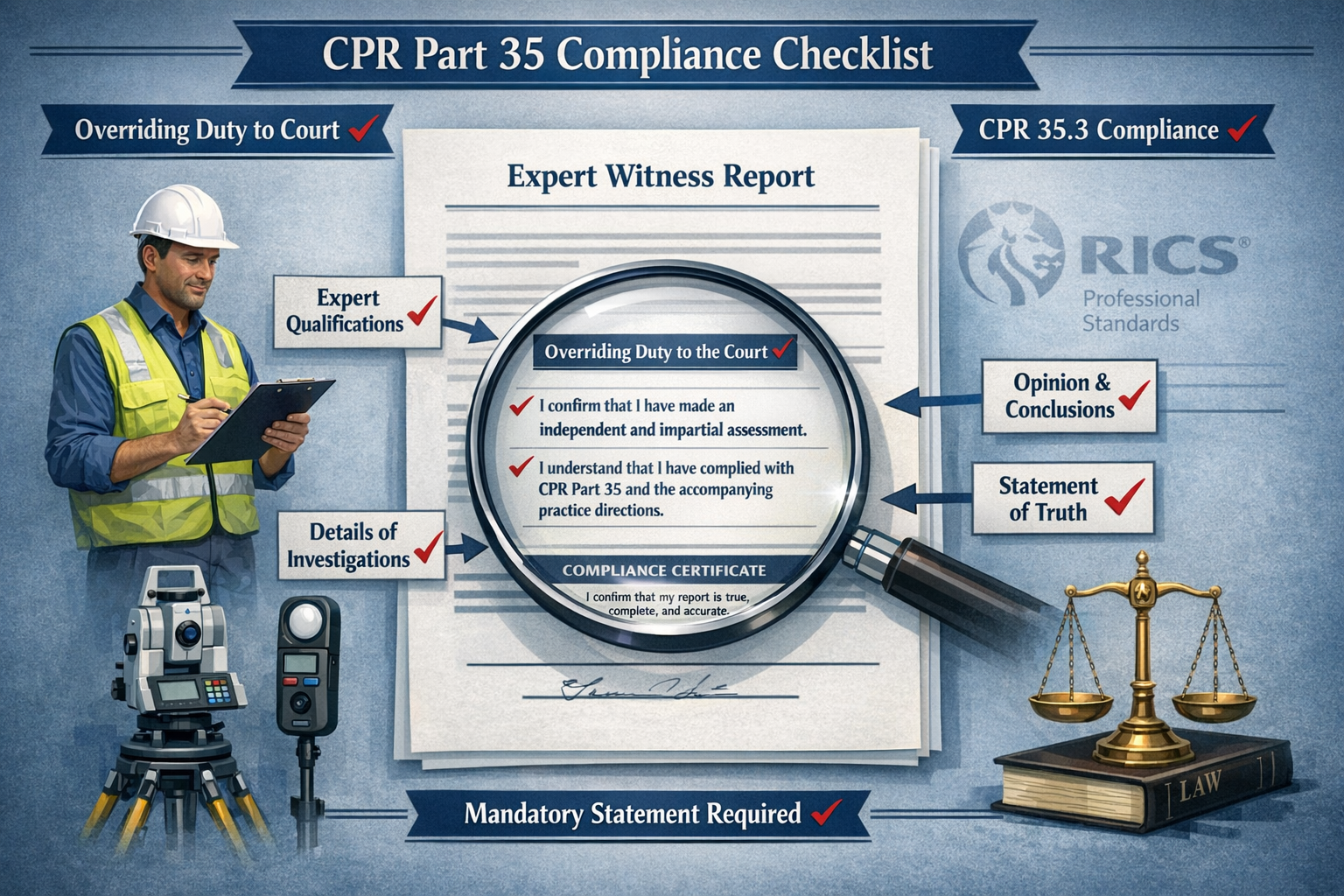 () detailed infographic showing CPR Part 35 compliance checklist for expert witness reports. Central focus on official court