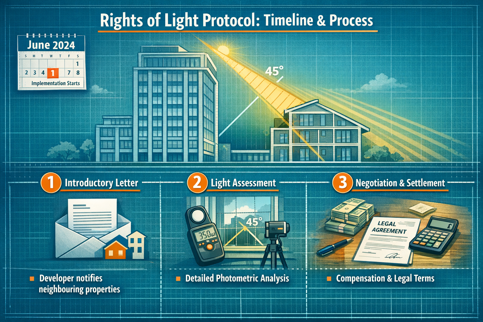 () technical illustration showing Rights of Light Protocol timeline and process flow from June 2024 onwards. Visual displays